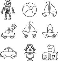 Delightful Collection of Childs Playful Toys Charming Line Art of Robot, Cars, Boats, Doll, and Blocks, Perfect for Coloring Pages vector