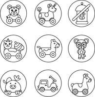 Adorable Collection of Nine Charming Outline Childrens Wooden Toys, Delightful and Playful Designs in a Circular Frame vector