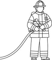 Brave Firefighter Ready for Action Line Art Illustration of a Fireman Holding a Hose, Standing Against a White Background, Illustrating Courage and Preparedness vector