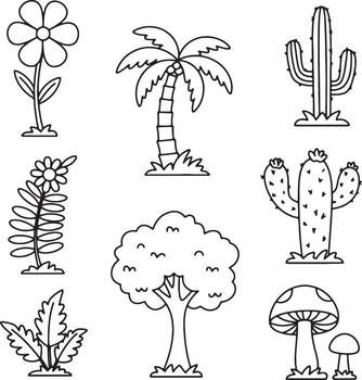 Charming Line Art Botanical Illustrations Featuring Diverse Flowers, Ferns, Trees, and Cactus in Minimal Style vector