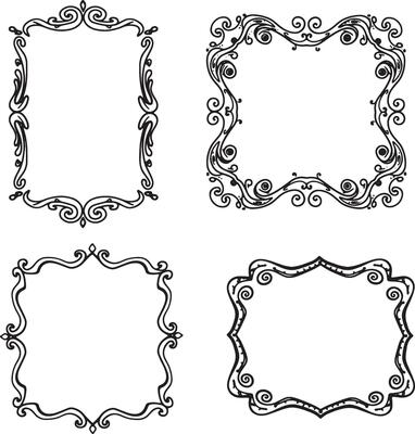 Four Elegant Hand-Drawn Ornate Frames for Vintage Designs, Perfect for Romantic Wedding Invitations or Decorative Scrapbooking
