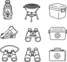 Essential Camping and Hiking Equipment Line Art Icons of Lantern, Grill, Cooler, First-Aid Kit, and Binoculars for an Adventurous Outdoor Trip vector