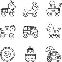 Adorable Line Art Illustrations of Childs Playful Toys Delightful Collection of Nine Cute Ride-On Toys and Playthings vector