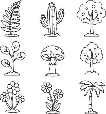 Charming Line Art Illustrations of Diverse Plants and Fungi, Featuring a Cactus, Fern, Trees, Flowers, and Mushroom in a Whimsical Setting