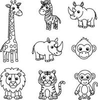 Adorable Black and White Cartoon Safari Animals Charming Illustrations of a Giraffe, Zebra, Rhinos, Lion, Tiger, and Monkeys Perfect for Coloring Pages and Kids Projects vector