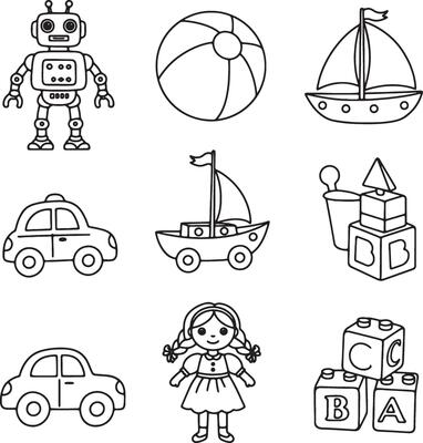 Adorable Black and White Line Art Illustration of Classic Childrens Toys Robot, Beach Ball, Sailboats, Cars, Doll, and ABC Blocks, Evoking a Nostalgic and Playful Mood