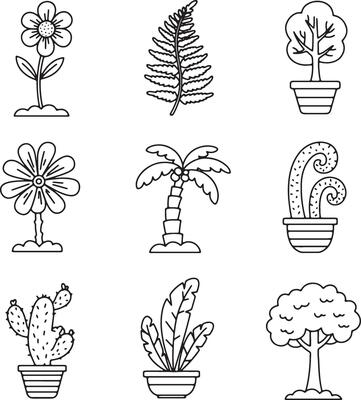 Creative Botanical Line Art Collection of Cactus, Ferns, Trees, and Flowers in Monochromatic Calm Style