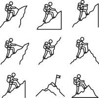 Nine Line Drawings of Hikers Ascending Mountainous Terrain, Illustrating Determination and the Journey to the Summit vector