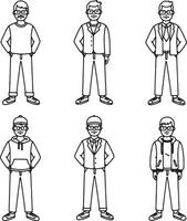Six Stylish Men in Casual and Formal Attire Posing Against a White Background, Illustrated in a Simple Line Drawing Style vector