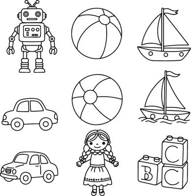 Adorable Black and White Line Drawings of Childrens Toys, Including Robot, Cars, Beach Balls, Sailboats, and ABC Blocks, Evoking a Nostalgic and Playful Mood