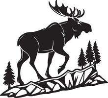 Majestic Moose Silhouette Walking on Mountainous Terrain in a Dramatic Black and White Illustration - Professional digital artwork with vibrant colors and detailed composition vector