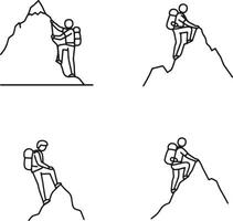 Dramatic Line Art Illustrations of Hikers Ascending Challenging Mountain Peaks in a Bold, Adventurous Style vector