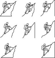 Nine Line Art Illustrations of Hikers Ascending Steep Mountains, Conveying Effortless Determination and a Sense of Adventure vector