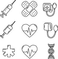 Nine Simple Line Drawings of Medical Equipment and Symbols Syringes, Bandages, Blood Pressure Monitors, Heart Rate Monitors, and DNA Strand, Evoking a Calm and Informative Mood vector