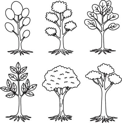 Decorative Plant Line Art Featuring Various Trees, Cactus, Ferns, and Wildflowers for Nature Themes