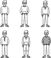 Six Stylish Young Men in Casual Outfits A Collection of Line Art Illustrations Showing Diverse Fashion Styles for a Relaxed Mood vector