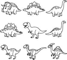 Adorable Black and White Cartoon Dinosaurs Eight Prehistoric Creatures in a Playful, Childlike Setting - Professional digital artwork with vibrant colors and detailed composition vector