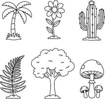 Serene Line Art Illustrations of Tropical Palm Tree, Flower, Cactus, Fern, Deciduous Tree, and Mushrooms in a Peaceful Setting vector