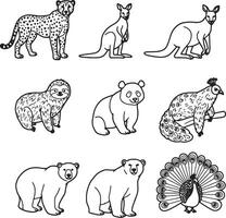 Adorable Line Art Illustrations of Diverse Wildlife Animals Including Cheetah, Kangaroo, Sloth, Panda, Peacock, and Polar Bear, Perfect for Kids Books and Educational Resources vector