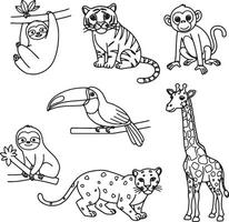 Adorable Outline Drawings of Jungle Animals A Cheerful Collection of Sloths, Tigers, Monkeys, Toucans, Giraffes, and Jaguars for Coloring Pages vector