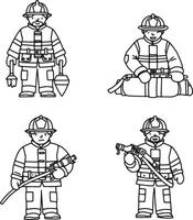Four Line Art Firefighters Posing in Various Actions and Settings, a Whimsical and Playful Illustration vector