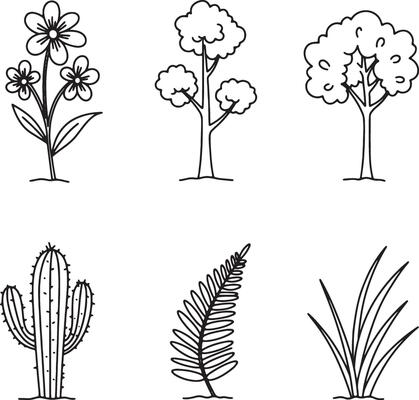 Line Art of Diverse Plants Including Trees, Ferns, Cactus, and Blooming Flowers in Simple Style