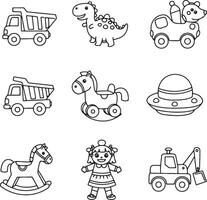 Adorable Outline Drawings of Childrens Toys Delightful Dump Trucks, Rocking Horses, and Playful Dinosaurs - Professional digital artwork with vibrant colors and detailed composition vector