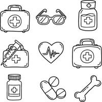 Charming Hand-Drawn Medical Icons First Aid Kits, Pills, Heartbeat, and More in a Whimsical Style vector
