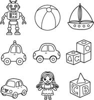 Adorable Black and White Line Art of Childrens Toys Robot, Car, Doll, and Building Blocks, Perfect for Coloring Pages vector