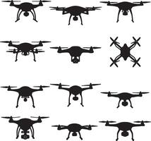 Collection of Stylish Black Silhouette Drone Designs, Hovering in Air, Atmospheric Mood, Isolated on White vector