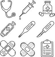 Simple Line Drawings of Medical Equipment Syringes, Stethoscope, Bandages, and More in a Clean, Minimalist Style vector