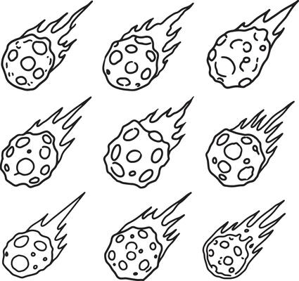 Nine Fiery Meteorites Streaking Across the Night Sky Dramatic Hand-Drawn Illustrations of Cosmic Rocks - Professional digital artwork with vibrant colors and detailed composition