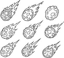 Nine Fiery Meteorites Falling Through Space A Dramatic Hand-Drawn Illustration of Celestial Bodies - Professional digital artwork with vibrant colors and detailed composition vector