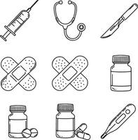Simple Line Art Medical Icons Syringe, Stethoscope, Scalpel, Bandages, Pills, and Thermometer, Clean Minimalist Style vector