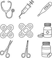 Simple Line Art Medical Icons Stethoscope, Syringe, Bandages, Pills, and Scissors, Representing Healthcare and First Aid vector