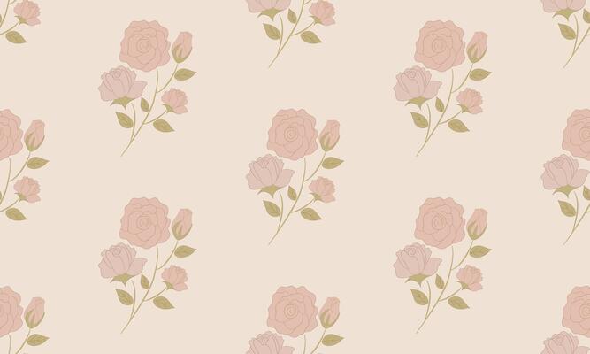 Hand-Drawn Rose Seamless Pattern with Leaves in Beige Tones