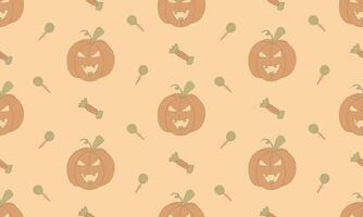Hand-Drawn Halloween Seamless Pattern with Pumpkins in Soft Beige Tones vector