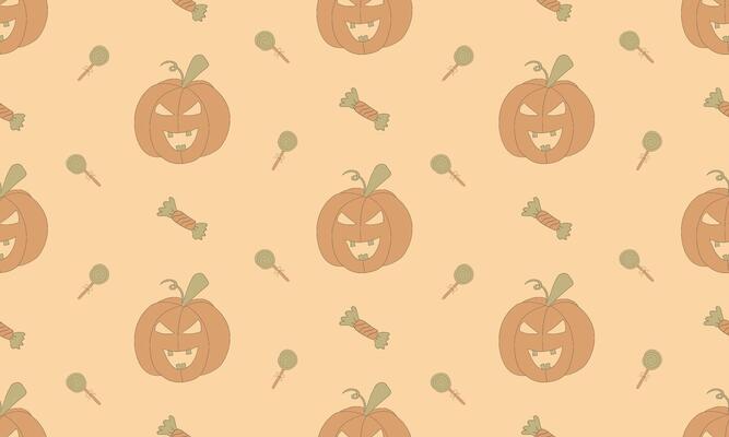 Hand-Drawn Halloween Seamless Pattern with Pumpkins in Soft Beige Tones