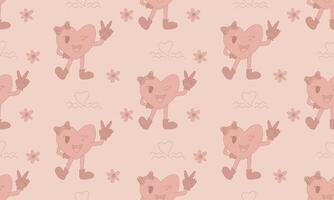 Playful Hand-Drawn Seamless Pattern with Cute Heart Character and Flowers in Peachy Pink Tones vector