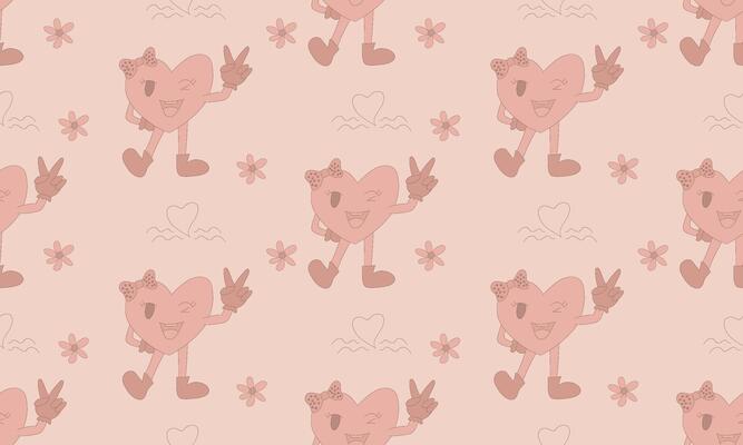 Playful Hand-Drawn Seamless Pattern with Cute Heart Character and Flowers in Peachy Pink Tones