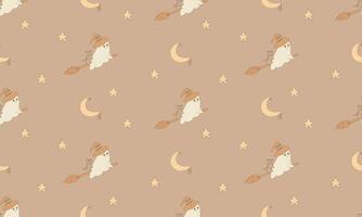 Hand-Drawn Halloween Seamless Pattern with Ghosts, Witch Hats, and Cats in Beige Tones vector