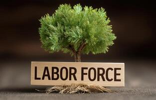 Economic growth illustrated by a tree with roots labeled labor force showcases challenges of labor scarcity photo