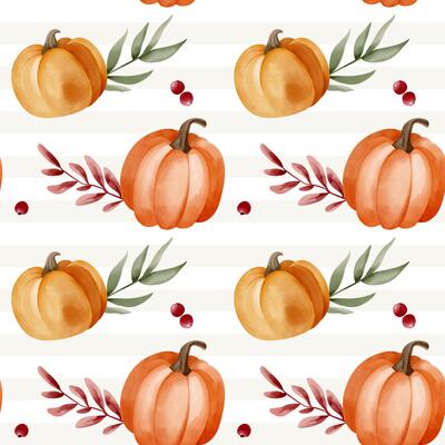 Watercolor autumn background with pumpkins, leaves and berries. Fall seamless pattern