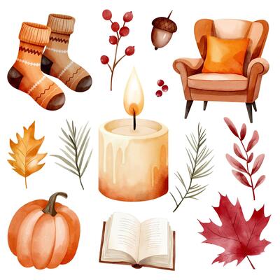 Watercolor fall set with warm accessories like book, candle, socks, pumpkin and leaves. Hand drawn