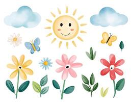 Watercolor nature elements in cute kids style for summertime design, featuring sunny and clouds, flowers vector