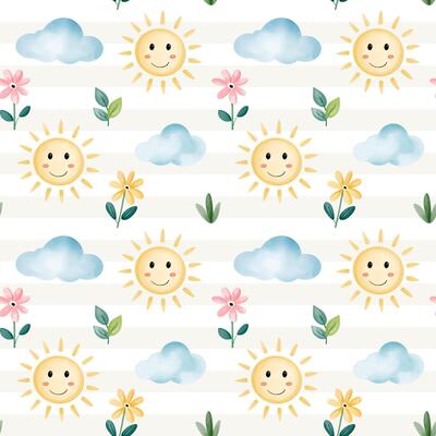 Watercolor seamless pattern with cute summer elements in kids style. Summertime nature, sun, clouds, flowers