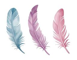 Watercolor feather set with fantasy vibes in soft pink and purple tones for ethereal and dreamy design vector