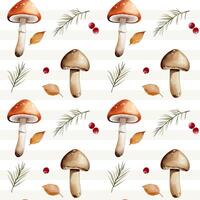 Watercolor autumn background with mushrooms, leaves, berries and branches. Fall seamless pattern vector