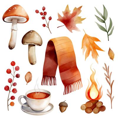 Cozy autumn watercolor set with scarf, mushrooms, hot tea, campfire and leaves