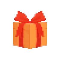 Mosaic pixel style gift box with bright red ribbon in retro 8 bit art for fun and games vector